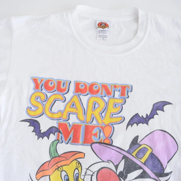 Vintage 90'S Looney Tunes White Halloween Tweety &  Sylvester Short Sleeve Tee M - Picture 9 of 12